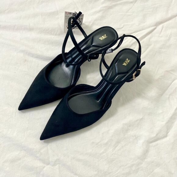 NWT Zara Vampy Black Faux Suede Slingback Gold Kitten High Heels US 8 - Picture 5 of 8